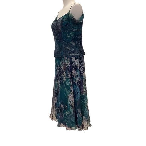 MONTAGE by‎ MON CHERI Floral Silk Beaded Tea Length Dress - Size 12 - Picture 4 of 16